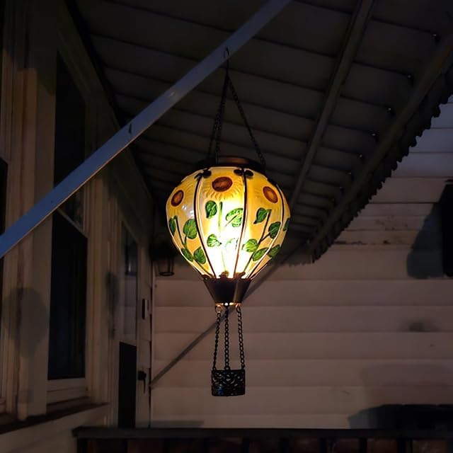 2PCS Solar Hot Air Balloon Lanterns with Flame with Shepherd's Hooks, Glass Hanging Flickering Lights Outdoor Waterproof for Garden Tree Yard Patio Mother's Day Gift, 18" H Sunflower