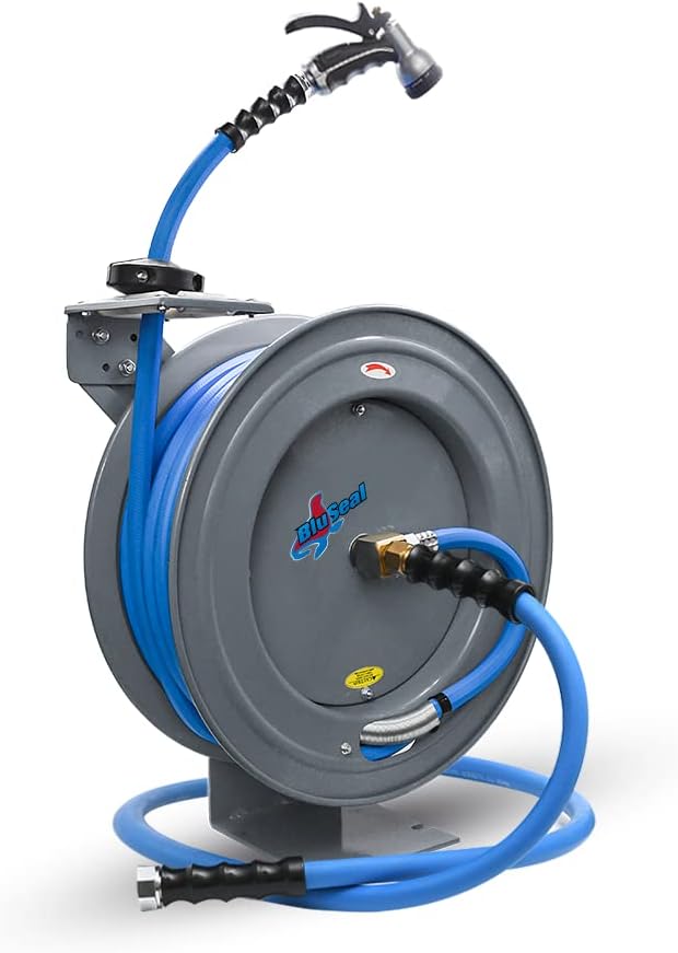 Auto Retractable Water Hose Reel with Hot & Cold Water Rubber Garden Hose, Spray Nozzle - Ultra Light, Super Strong with 6' Lead-in Hose (5/8” x 50’ Grey)