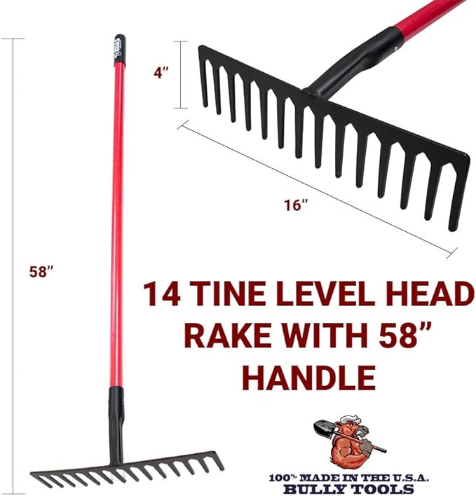 Bully Tools 92311 16-Inch Level Head Rake with Fiber Glass Handle and 14 Steel Head Tines, 60-Inch