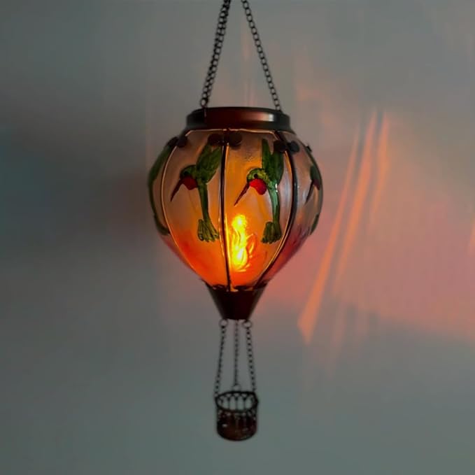 Hot Air Balloon Solar Lantern with Flickering Flame Hanging Solar Lanterns Outdoor Lights Waterproof Lanterns Decorative Garden Patio Yard Party Decor Hummingbirds&Pink Flowers