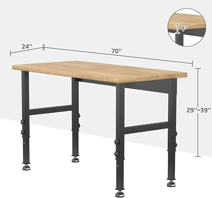 48" Adjustable Workbench,Heavy-Duty Work Table,3000 LBS Load Capacity Hardwood Workstation with Fixed feet,for Workshop, Garage