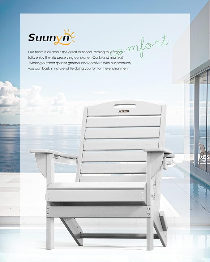 Folding Adirondack Chair HDPE All-Weather Adirondack Chairs with Cup Holder, Outdoor Fire Pit Chairs Lawn Chair for Deck Patio Garden (White)