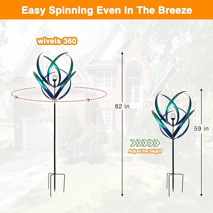 82 inch Wind Spinners Outdoor - Extra Large Outdoor Metal Wind Sculptures Spinners with Solar Light, Windmills for The Yard Garden, Yard Art Garden Lawn Decor - Peacock Blue