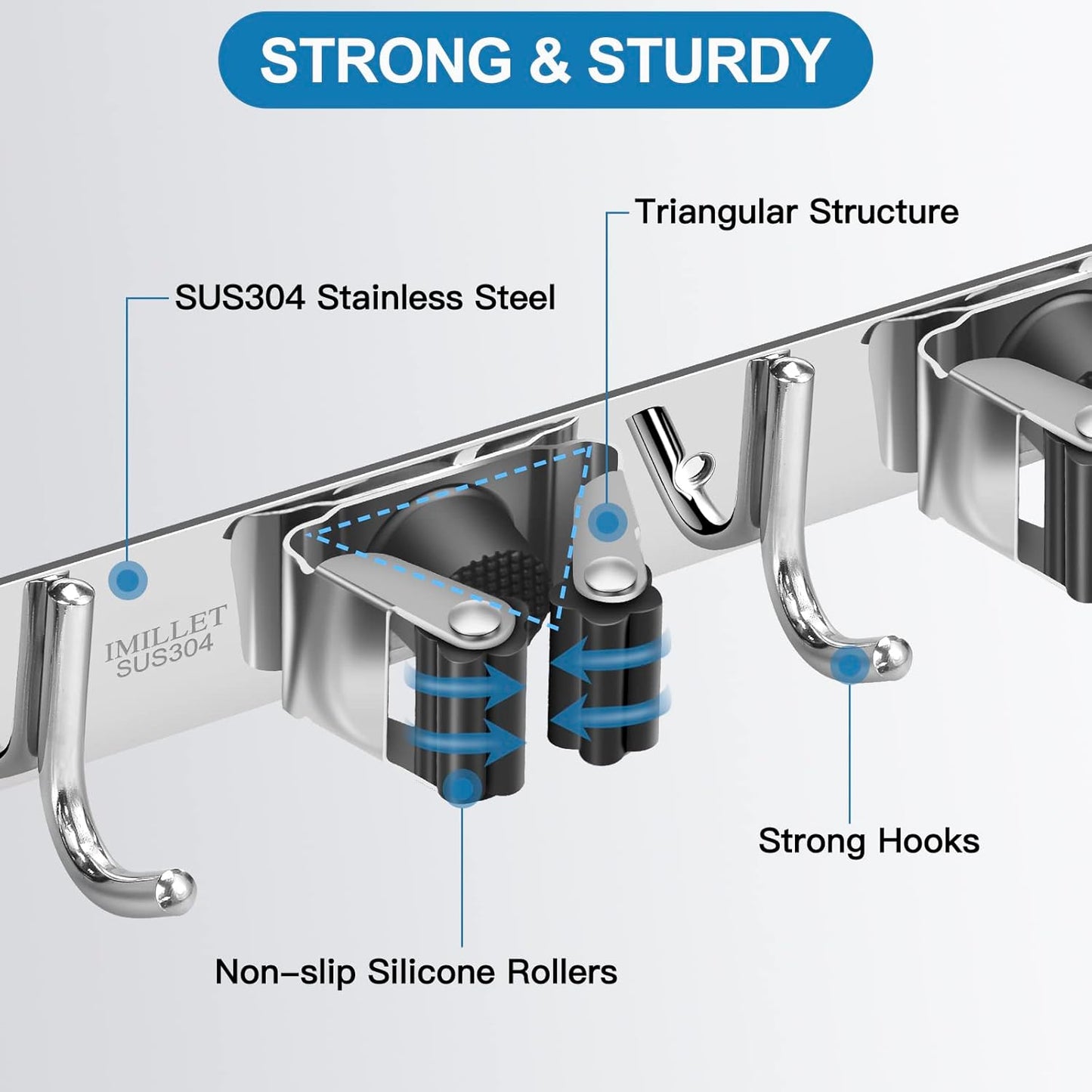 IMILLET 2 Broom Holder Wall Mounted, Stainless Steel Broom Mop Holder Self Adhesive Heavy Duty Hooks Storage Organizer for Home Laundry Room Garden Garage Closet Kitchen(4 Racks with 5 Hooks)