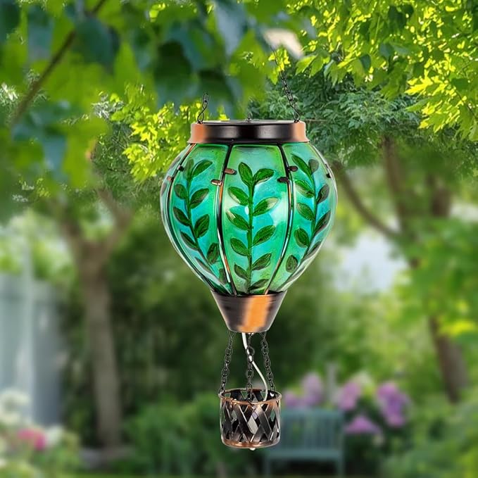 Green Leaf Hot Air Balloon Solar Lantern with Flickering Flame Light,Glass Hanging Solar Lanterns Outdoor Waterproof Hot Air Balloon Decor for Patio Party Yard Tree,Garden Gifts for Women Mom