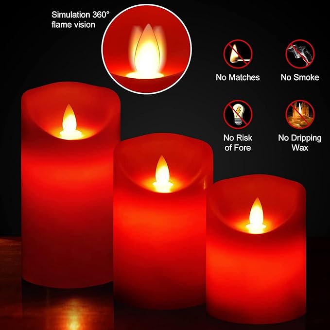 Flameless Battery Operated Flickering Candles:3PACK Red Real Wax Pillar Candle,Electric LED Candle with 10-Key Remote Control and 24 Hours Timer for Home Decoration Holiday Party