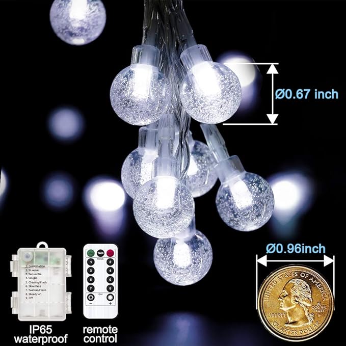 YoTelim Globe String Lights Battery Operated ,2 Pack 26.2FT 60 LED Cool White Water Proof Crystal Ball Outdoor String Lights with Remote Control for Home, Patio,Party, Christmas, Garden Decor