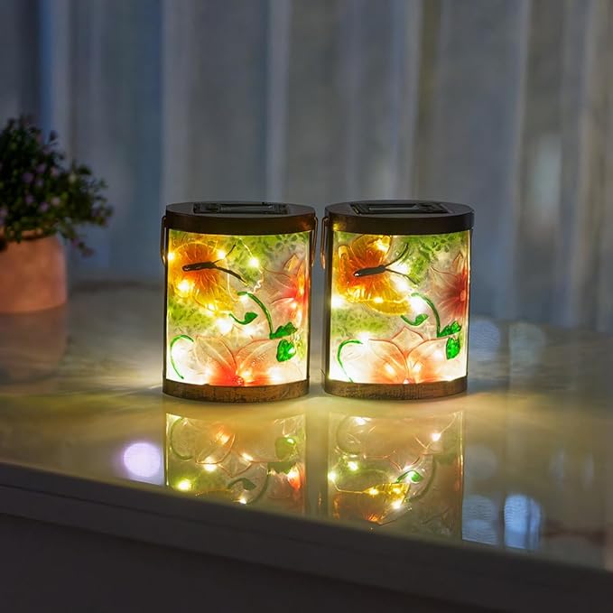 2 Pack Butterfly Solar Lanterns Outdoor Waterproof LED Hanging Solar Lights for Outside Tabletop Lamp for Garden Patio Decor