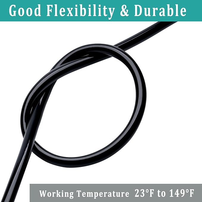 1/2" id - 25ft Black Vinyl Tubing Flexible PVC Tube Hybrid Hose Transfer Water Fuel Gas for Pond Fountain Garden Waterfall, Durable and Safe, with 2 Hose Clamps