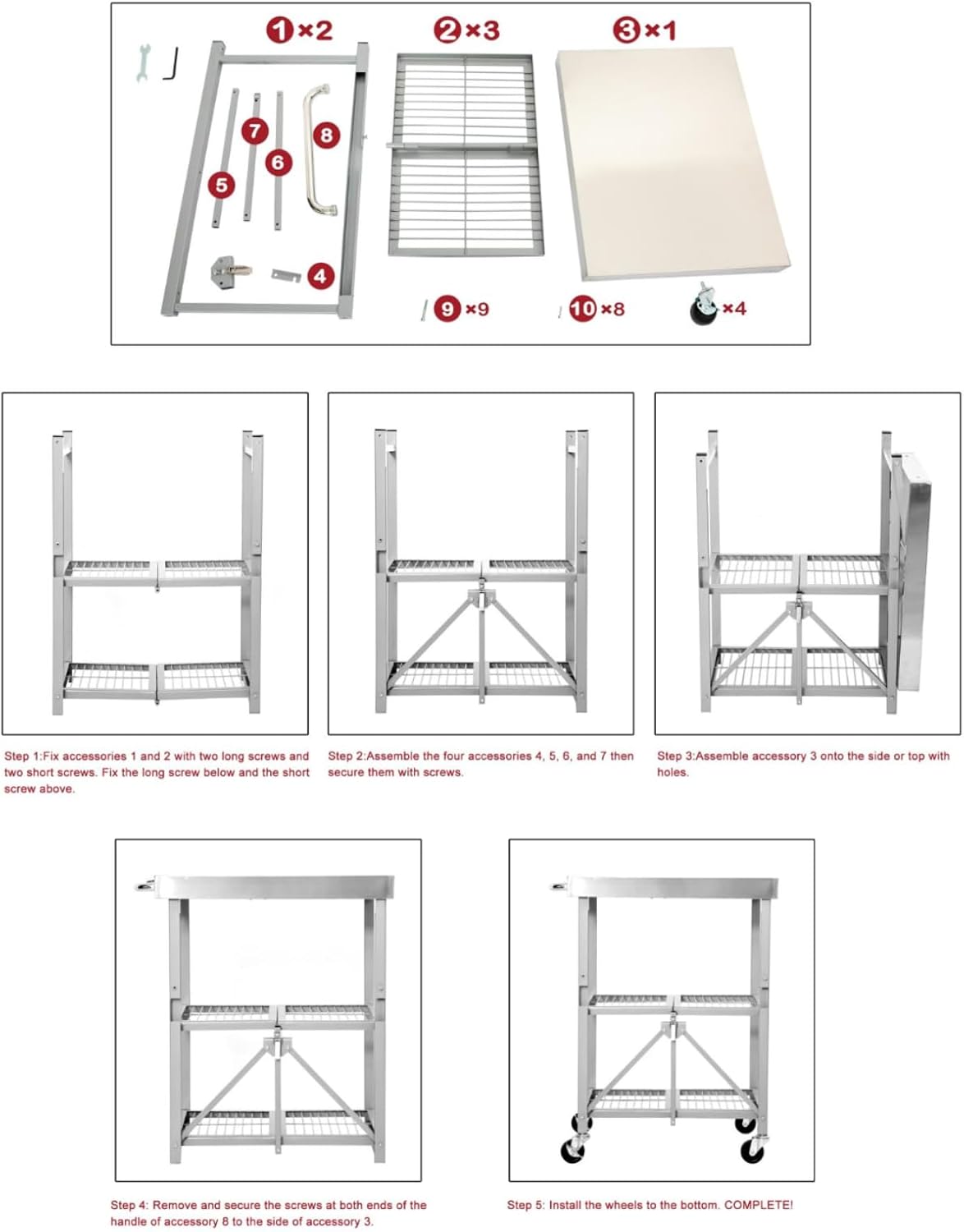 3-Tier Folding Outdoor Grill Cart, 300lbs Load Capaciy Foldable Utility Storage Rolling Kitchen Table with Lockable Wheels, 25.75" D x 20" W x 36" H, Steel Service Trolley for Food Prepping