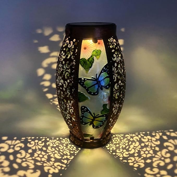 Butterfly Solar Lanterns Glass & Metal Hanging Light Outdoor Waterproof Tabletop Lamp with Hollowed-Out Design for Garden Patio Table Decor