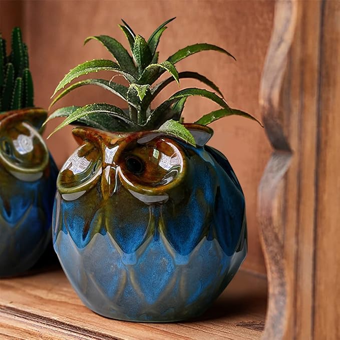 GeLive Blue Owl Ceramic Succulent Planter with Drainage Hole Animal Plant Pot Tabletop Decoration Vase Window Box Indoor Outdoor Decor (Blue)