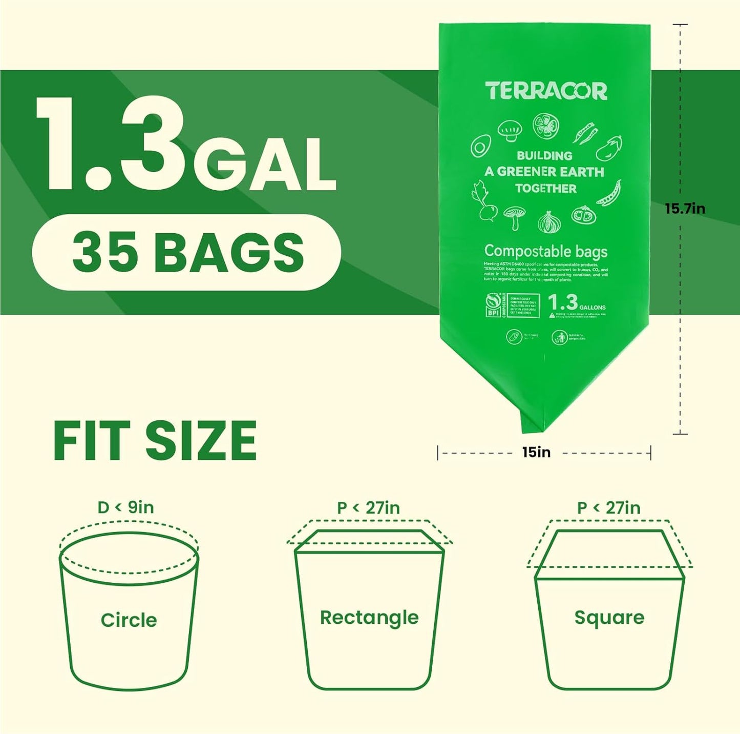 1.3 Gallon Compostable Trash Bags, 35 Bags Compost Bags for Countertop Bin, BPI Certified and Meet The ASTM D6400 Standard,Compostable Trash Bags in Dispenser Packs