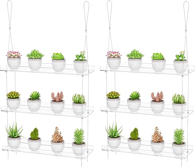 Clear Hanging Window Plant Shelves,2-Pack 3-Tier,Indoor Windows Wall Hanging Plant Stand Flower Display,Flower Pot Organizer Storage for Window Grow Herbs,Microgreens,Succulents,Flower,16-Inch