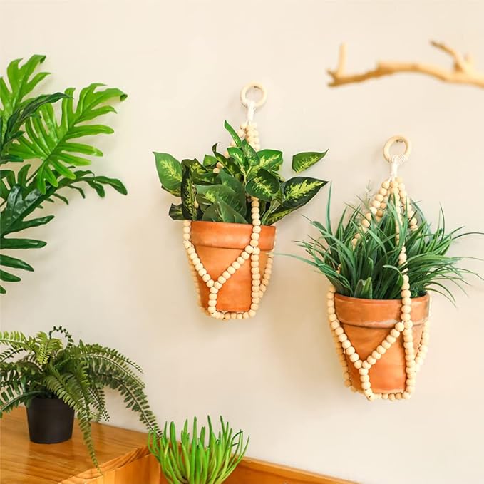 Artilady 2 Pack Beaded Plant Hanger Indoor - Macrame Hanging Planters for Plants Holder No Tassels with Wooden Beads Boho Farmhouse Rustic Home Decor