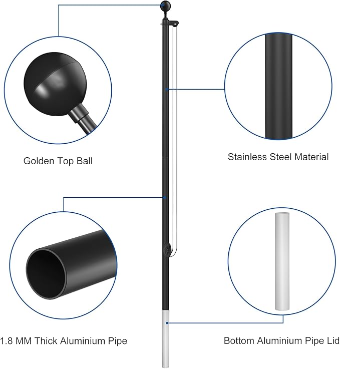 Flag Pole Kit 25FT, 12 Gauge 1.8mm Thickness Heavy Duty Flag Poles with 3x5 American Flag, Black Flag pole for Outdoor House In Ground, Extra Thick Flagpoles Suitable for Yard and Garden
