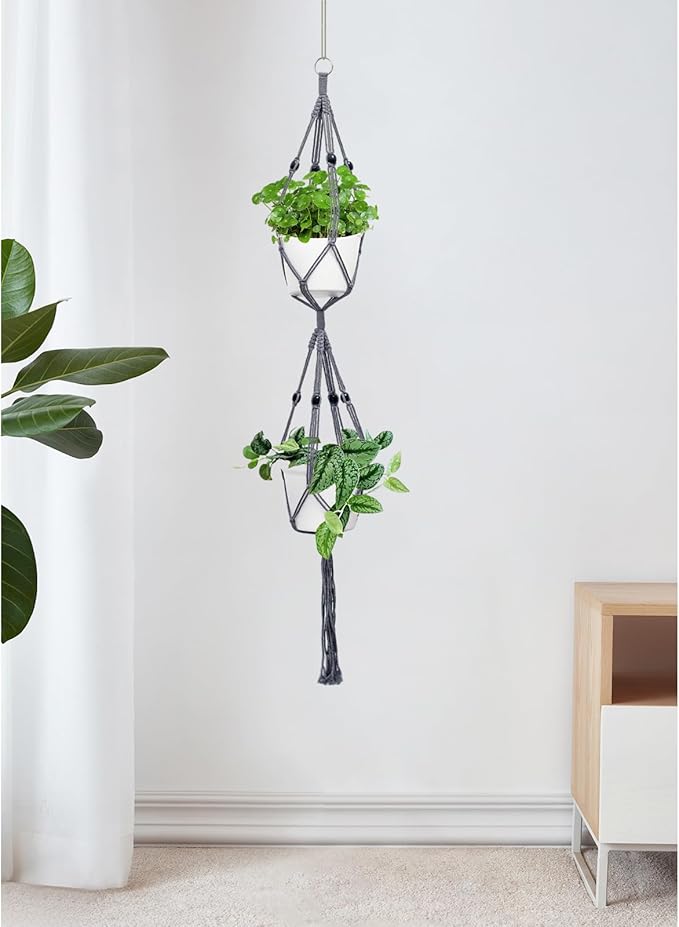 Belit 2 Pack Double Macrame Plant Hangers 2 Tier Hanging Planter Basket Decorative Flower Pot Holder Rope for Indoor Outdoor Home Decor 51 Inch, Grey