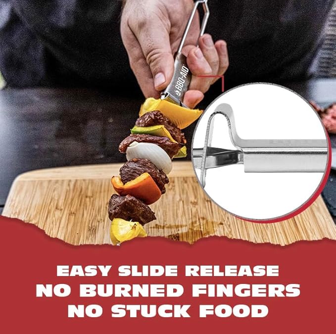 BBQ-AID Premium Barbecue Double Pronged Stainless Steel Skewers for Grilling - Quick Release Kebab Sticks for Veggies & More