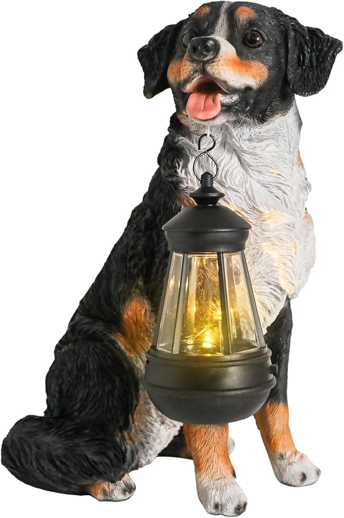 Afirst Dog Garden Statue - Outdoor Decor with Solar Lantern Lovely Bernese Mountain Dog Figurine Patio Lawn Yard Art Ornaments Housewarming Gift
