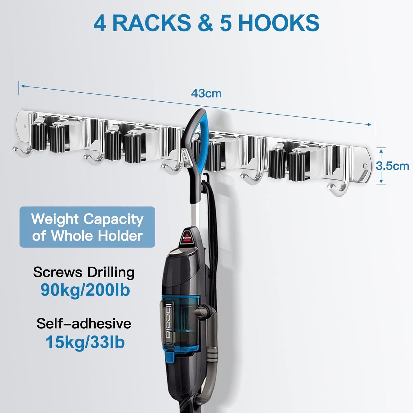 IMILLET 2 Broom Holder Wall Mounted, Stainless Steel Broom Mop Holder Self Adhesive Heavy Duty Hooks Storage Organizer for Home Laundry Room Garden Garage Closet Kitchen(4 Racks with 5 Hooks)