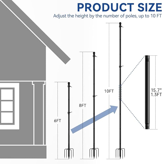 ZMTECH 10 FT Flag Pole with American Flag in Ground, Extra Thick Flag Pole Kit for Yard,Windproof Ground Flag Poles for Outside House Residential or Commercial(1 PACK)