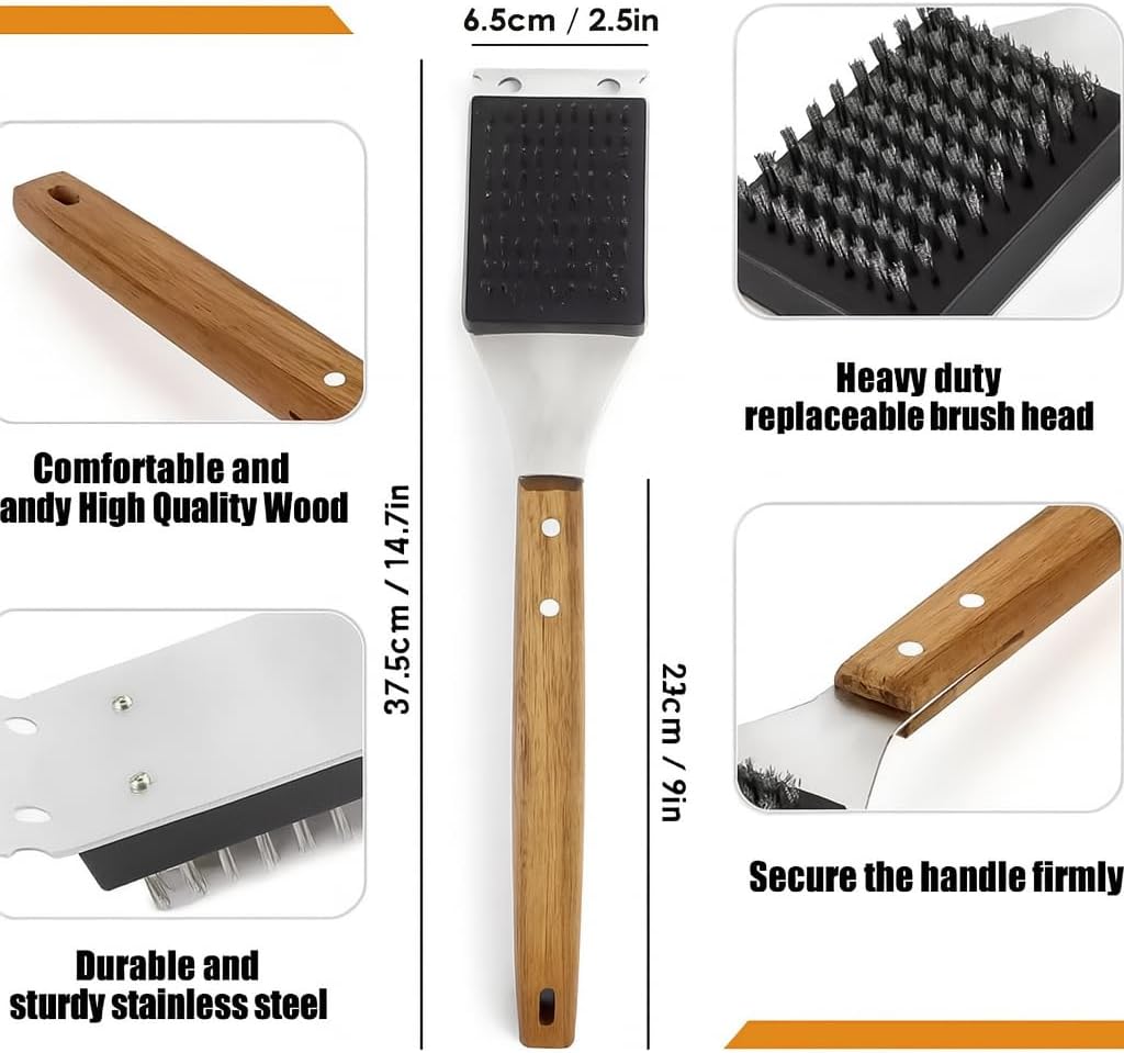 Blue Smoke Grill Brush and Scraper – Heavy Duty BBQ Cleaner with Stainless Steel Bristles, Solid Wooden Handle & Leather Strap – Barbecue Cleaning Tool for Gas, Charcoal, Smoker & Grill Grates