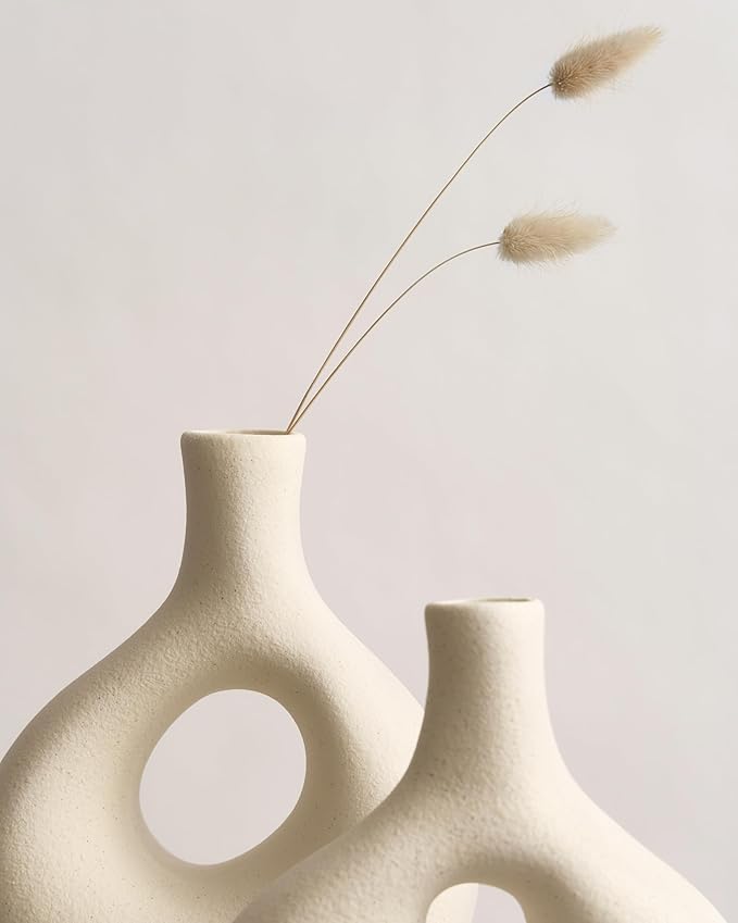 NOBULA White Ceramic Donut Vases โ Modern Home Decor for Living Room, Bedroom & Table Centerpiece - Minimalist Nordic โ Unique Vases for Olive Plant & Flowers โ Decorative Coffee Table Vase Set of 2