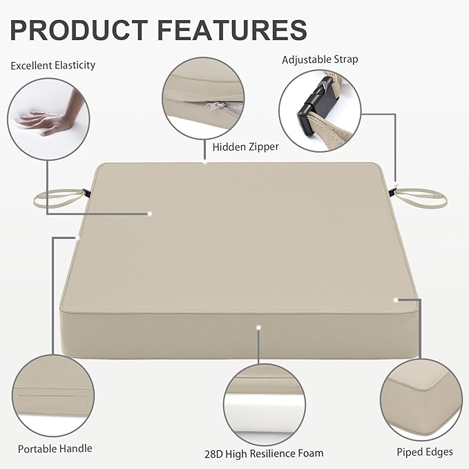 Favoyard Patio Chair Cushions 18.5 x 16 x 3 Inch Waterproof Outdoor Seat Cushions for Patio Furniture 3-Year Color Fastness Garden Sofa Couch Chair Pads with Handle & Adjustable Straps Set of 2, Beige