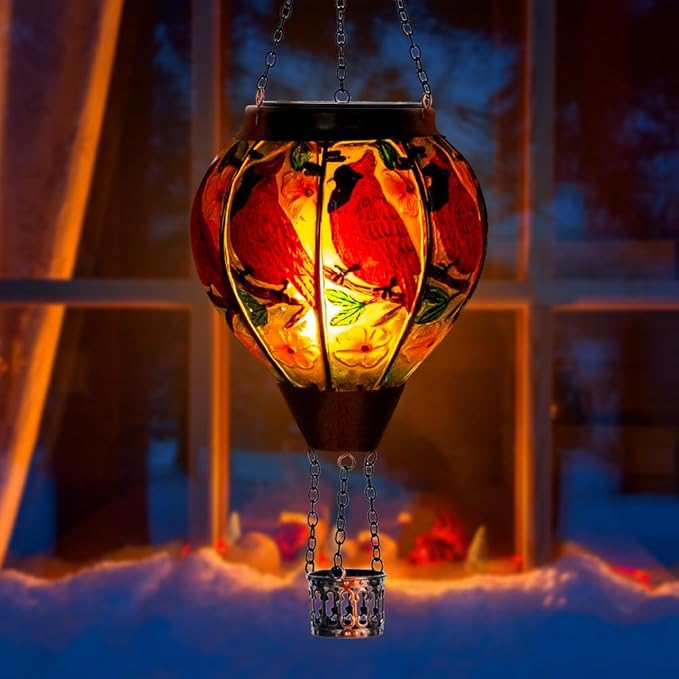 DREAMSOUL Cardinal Hot Air Balloon Solar Lantern, Hanging Solar Lanterns Outdoor with Flickering Flame Light, Glass Outdoor Lantern Waterproof for Patio Yard Party Gift Decor Christmas Gifts