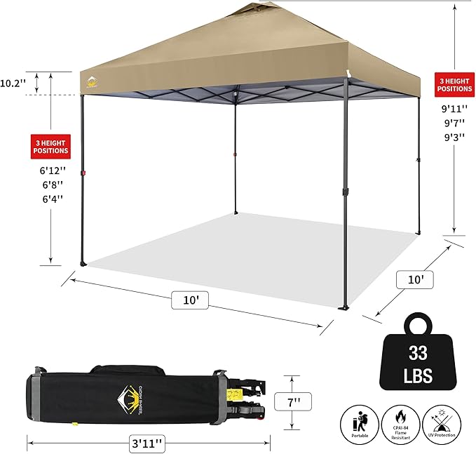 CROWN SHADES 10x10 Pop Up Canopy Tent - Patented Center Lock One Push Instant Outdoor Canopy Beach Tent with STO-N-Go Bag 8 Stakes & 4 Sand Bags,Khaki