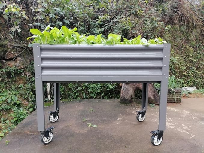 A ANLEOLIFE Galvanized Raised Garden Bed with Legs,48x24x35in Large Elevated Planter Box on Wheels with Drainage Holes for Backyard, Balcony, Patio, 600lb Capacity, Quartz Grey