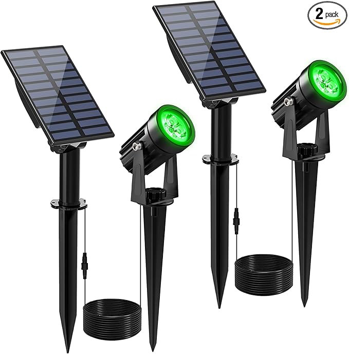 Green Solar Spot Lights Outdoor, 2 Pack Solar Landscape Spotlights IP65 Waterproof 9.8ft Cable, Auto On/Off Outdoor Wall Lights for Garden Yard Driveway Porch Walkway Pool (1-in-1)