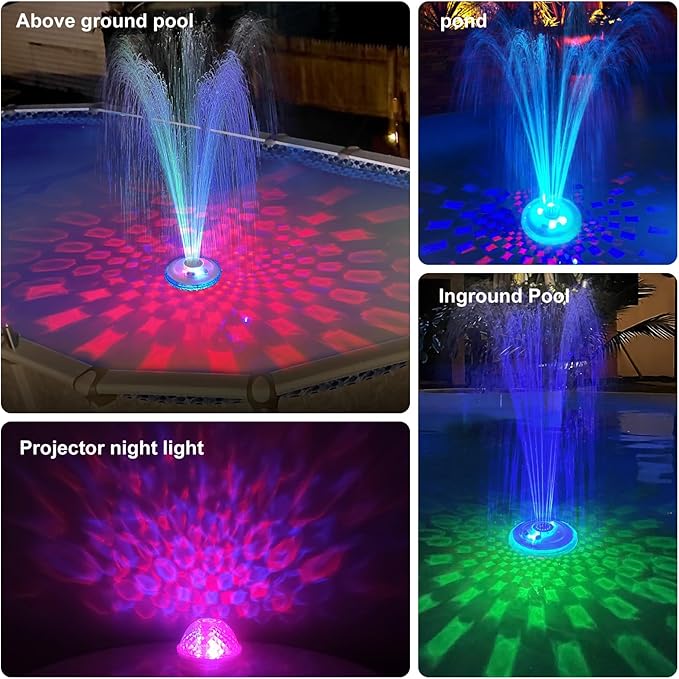 Floating Pool Fountain with Underwater Light Show,Pool Water Fountain Rechargeable Battery Powered,2 Spray Modes Pool Fountain Pump for Inground Above Ground Pools-1PC