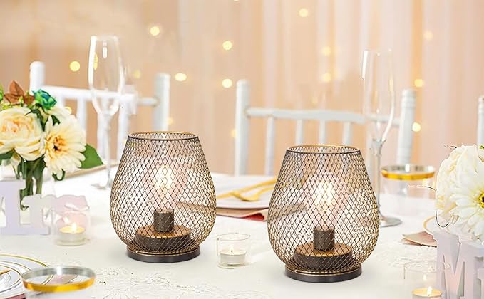 DECORKEY Set of 2 Battery Operated Lamp LED Table Lantern, Golden Metal Cage Cordless Lamps with LED Bulb,Vintage Decorative Outdoor Lantern for Weddings, Parties, Patio, Events for Indoor Shelf Decor