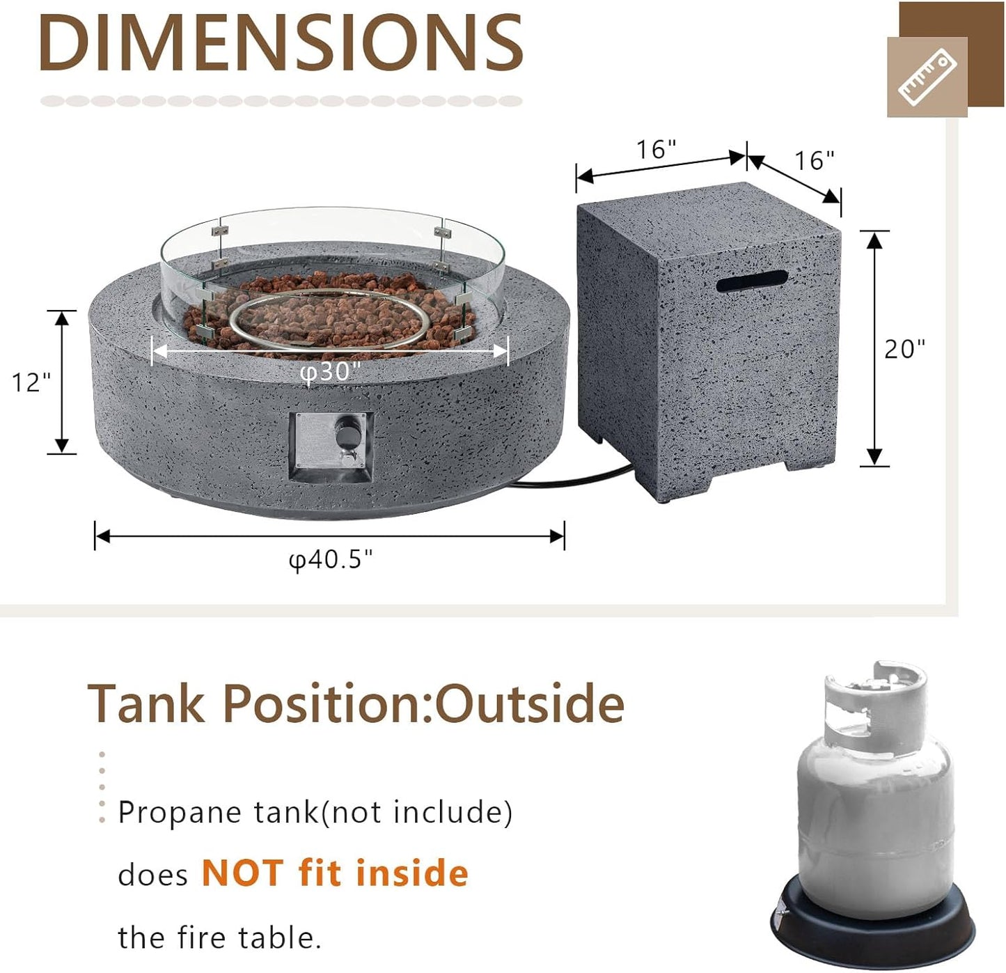 COSIEST 42 inch Outdoor Propane Fire Pit Coffee Table w Concrete Round Base Patio Heater, CSA Certified, 50,000 BTU Stainless Steel Burner, Free Lava Rocks, Rain Cover, Wind Guard, Tank Cover, Gray