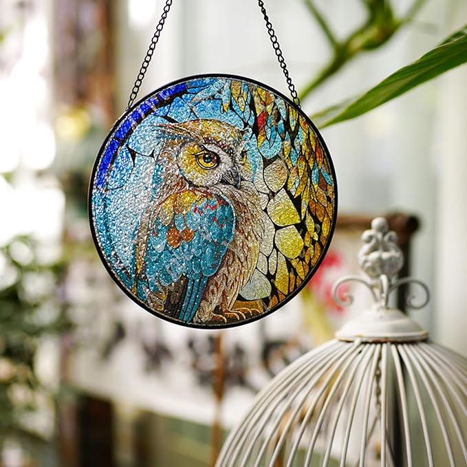 Hanging Stained Glass for Windows,20cm/7.87inch Owl Suncatcher Stained Glass Garden Hangings Ornaments Mother's Day Valentine's Day Halloween Fall Christmas Decor for Home (B Style)
