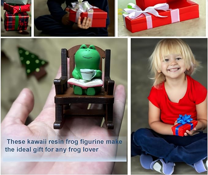 7 Pcs Cute Frog Rocking Chair Set with Miniature Frog Figurines, Mini cat, and Whimsical Trinkets - Versatile Decor for Office, Home, Yard, Patio, and Lawn