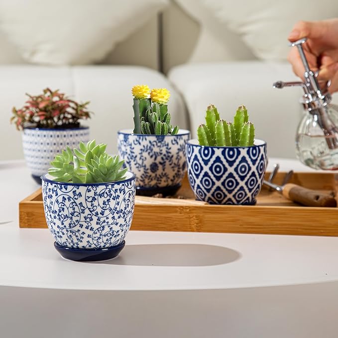 Ceramic Succulent Planter Pots - 3.5 Inch Small Flower Pot with Drainage Holes and Saucers for Indoor Plant, Cactus, Herbs, Outdoor Plants, Home Decor, Set of 4, Vintage Blue