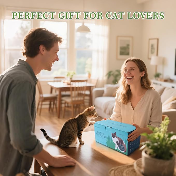 Cat Grass Kit for Indoor Cats - 5X Seed Packets with Handmade Wood Planter | Grow Organic Non-GMO Wheat Grass in 4-7 Days, Aids Digestion & Hairball Control, Ideal Gift for Cat Lovers