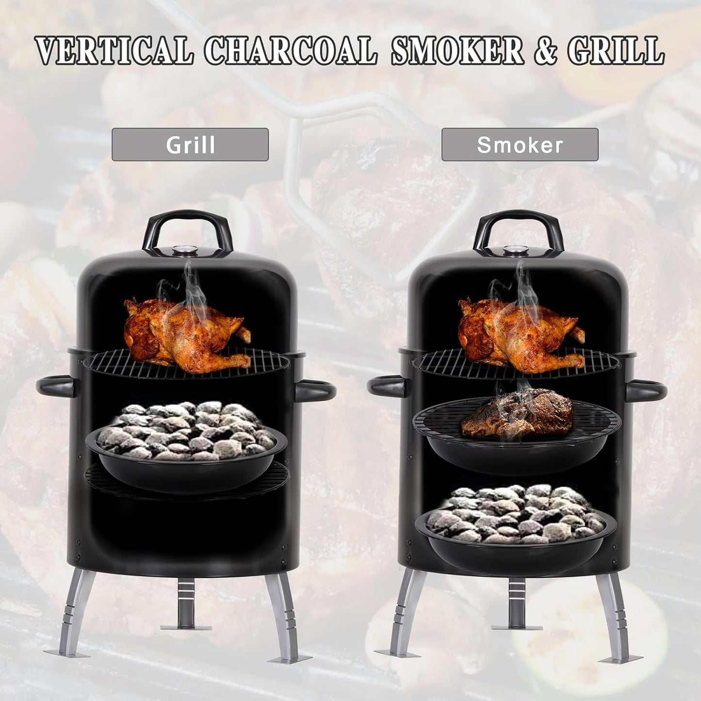 Sophia & William 17" Vertical Charcoal Smoker Grills with Two-Tier Grates, Heavy-Duty Integral Chamber and Tunnel Ventilation System for BBQ, Patio, Outdoor Camping(Black)