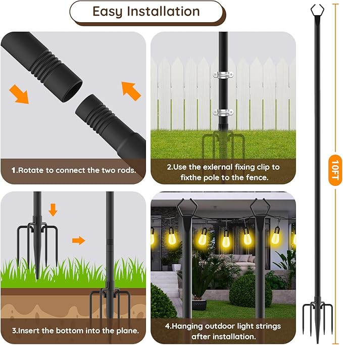 10Ft String Light Poles 4 Pack,Light Poles for Outside Lights,Outdoor with Fence Brackets Hanging Lights,Metal Stand Deck Patio Backyard