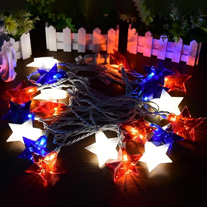 20 LED 4th of July Decor Big Star Lights, 17FT Red White and Blue Star String Lights Plug in, Memorial Day Independence Day Patriotic Decorations Outdoor Indoor for Home Garden Patio, White Wire
