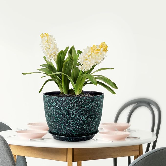 12 inch Large Plant Pots, Plastic Planters with Drainage Holes and Saucers, Flower Pots for Indoor Outdoor Plants, Decorative Pots for Garden House Plants, Black with Green Speckles