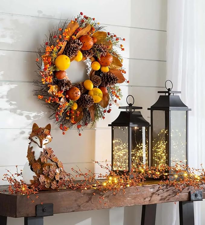 Elenon Outdoor Metal Fox Statue Art Decoration, Garden Handcrafted Standing Fox Ornament Decor with Fall Leaves, Mid Century Fox Figurine Decor for Patios, Lawns, Flower Bed