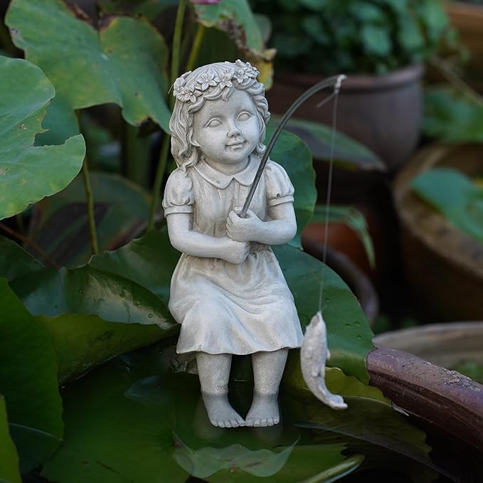 Goodeco Fishergirl Statue Garden Decor - 11" Little Fishing Guy for Koi Pond or Waterfalls, Poolside Statue with Glow in Dark Pebbles Included, Great Gifts for Mom, Women or Birthdays, Gift Ideas