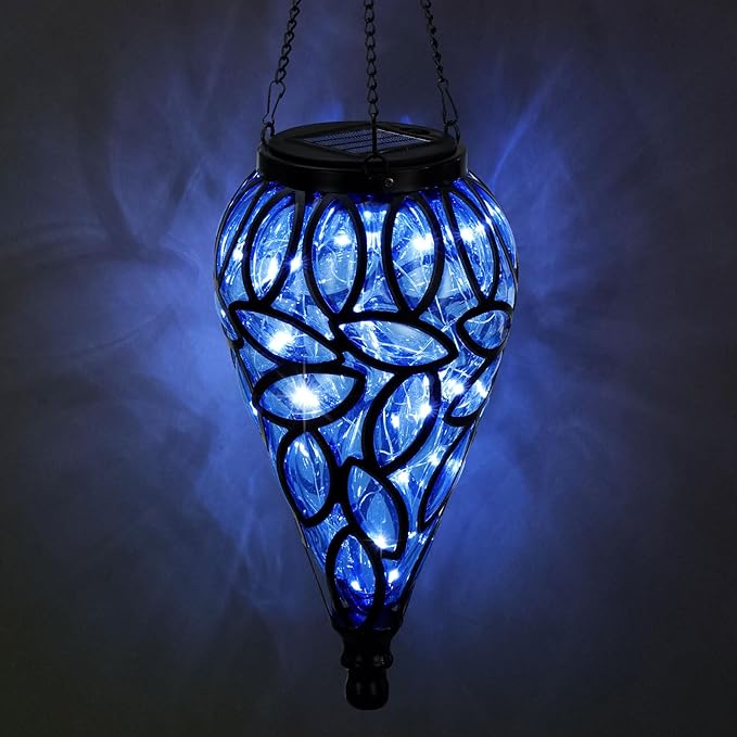 Solar Hanging Lantern Outdoor Lights, Tear-Shaped 15 LEDs Cool White Hanging Lights with S Hooks Decor in Garden, Yard, Pathway, Front Door and Landscape