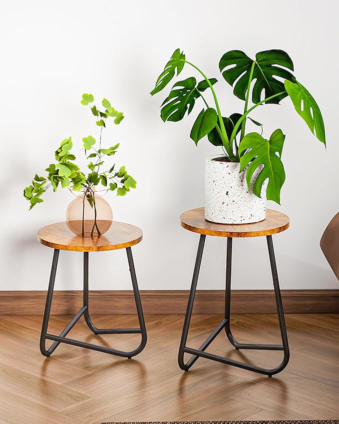 Indoor Plant Stand,Mid Century Wood Stand Plant Table,Modern Plant Stool for Outdoor,Metal Tall Holder for Flower Pots,Small Round Side End Table (Rustic Brown, 15 inch)