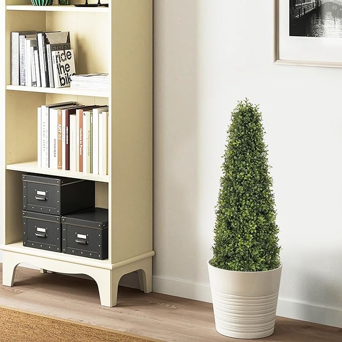 4ft Artificial Boxwood Topiary Trees (Set of 2) - UV Resistant Faux Plants Outdoor, Realistic 48in Fake Potted Bushes and Shrubs for Front Porch, Planter, Patio - Low Maintenance & Evergreen