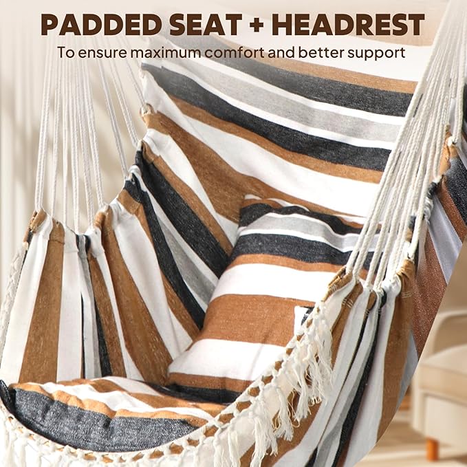 Chihee Hammock Chair Hanging Swing 2 Pillows Included,Strong Webbing Straps and Hooks for Easy Hanging Soft Cotton Hanging Chair Side Pocket Tassel Chair Comfort Indoor Outdoor Brown Stripes