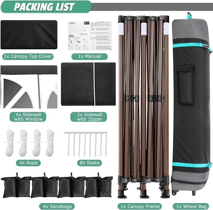 COBIZI 10x20 Pop Up Canopy Heavy Duty with 6 Sidewalls, Commercial Heavy Duty Pop Up Tent for Parties All Weather Waterproof and UV 50+ Wedding Tent with Roller Bag(Legs Upgraded),Black